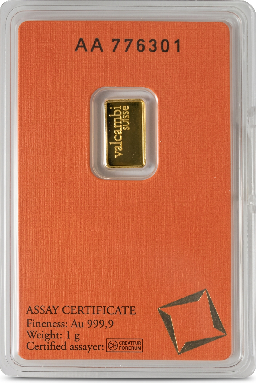 Valcambi Suisse 1 gram gold bar - assay card front